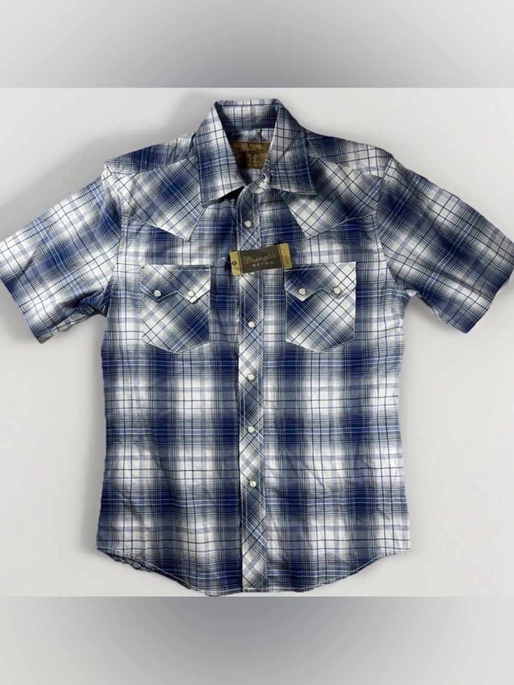 Wrangler Retro Men's Western Shirt S Blue Plaid Pearl Snap Short Sleeve Sawtooth